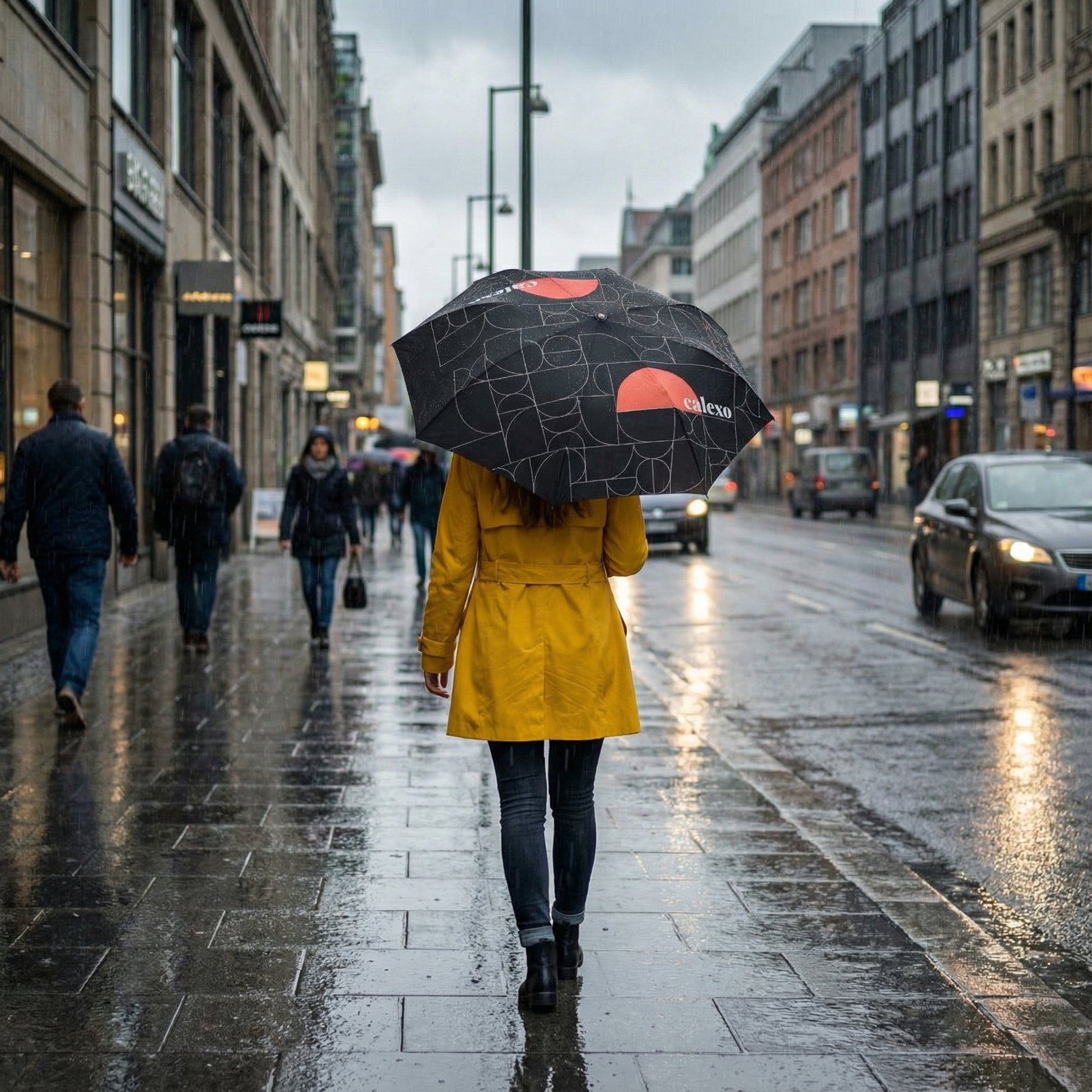 Foldable Semi-Automatic Umbrella — Compact Black Umbrella with Modern Red Logo Pattern