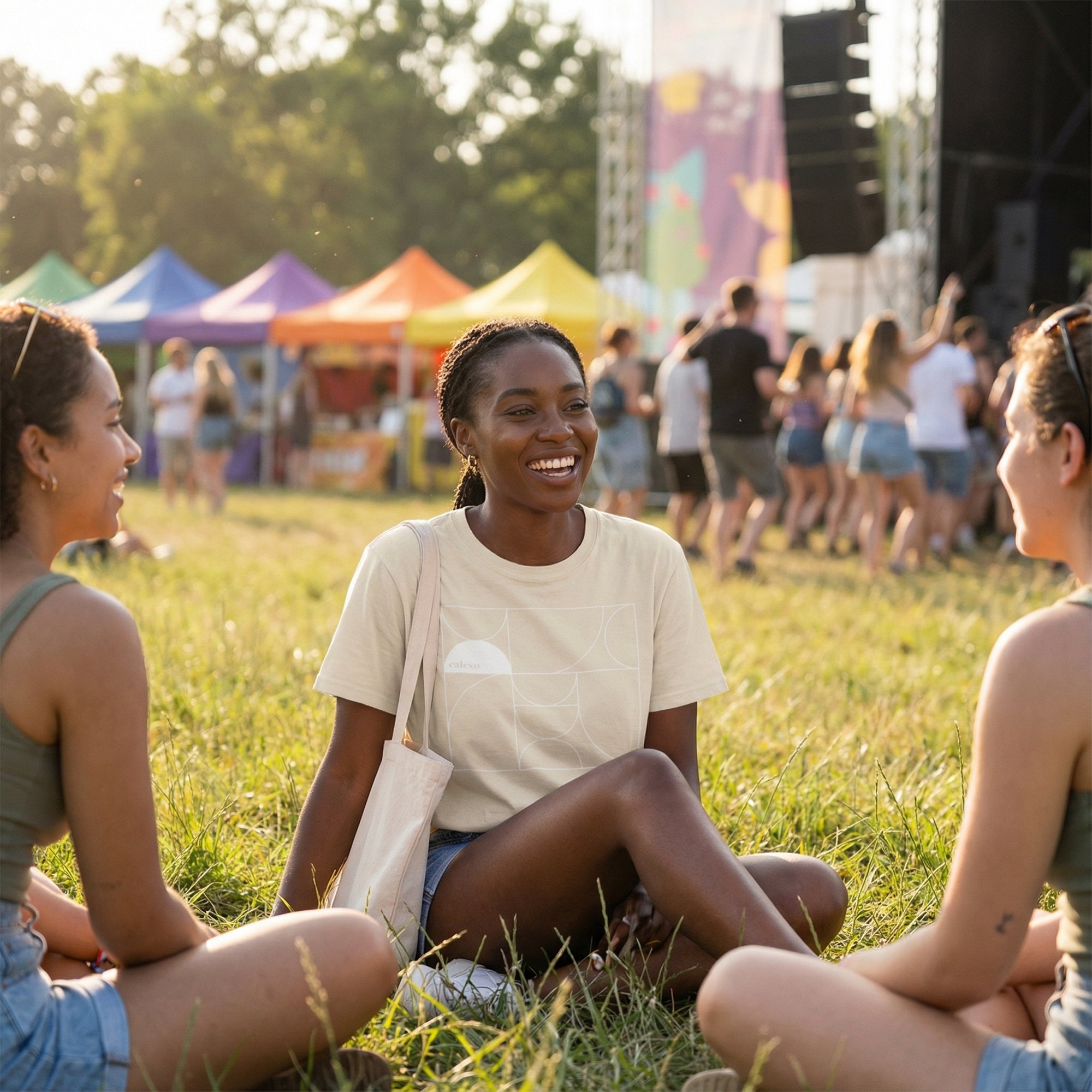 Three women sitting on grass at a music festival with tents and people in the background.