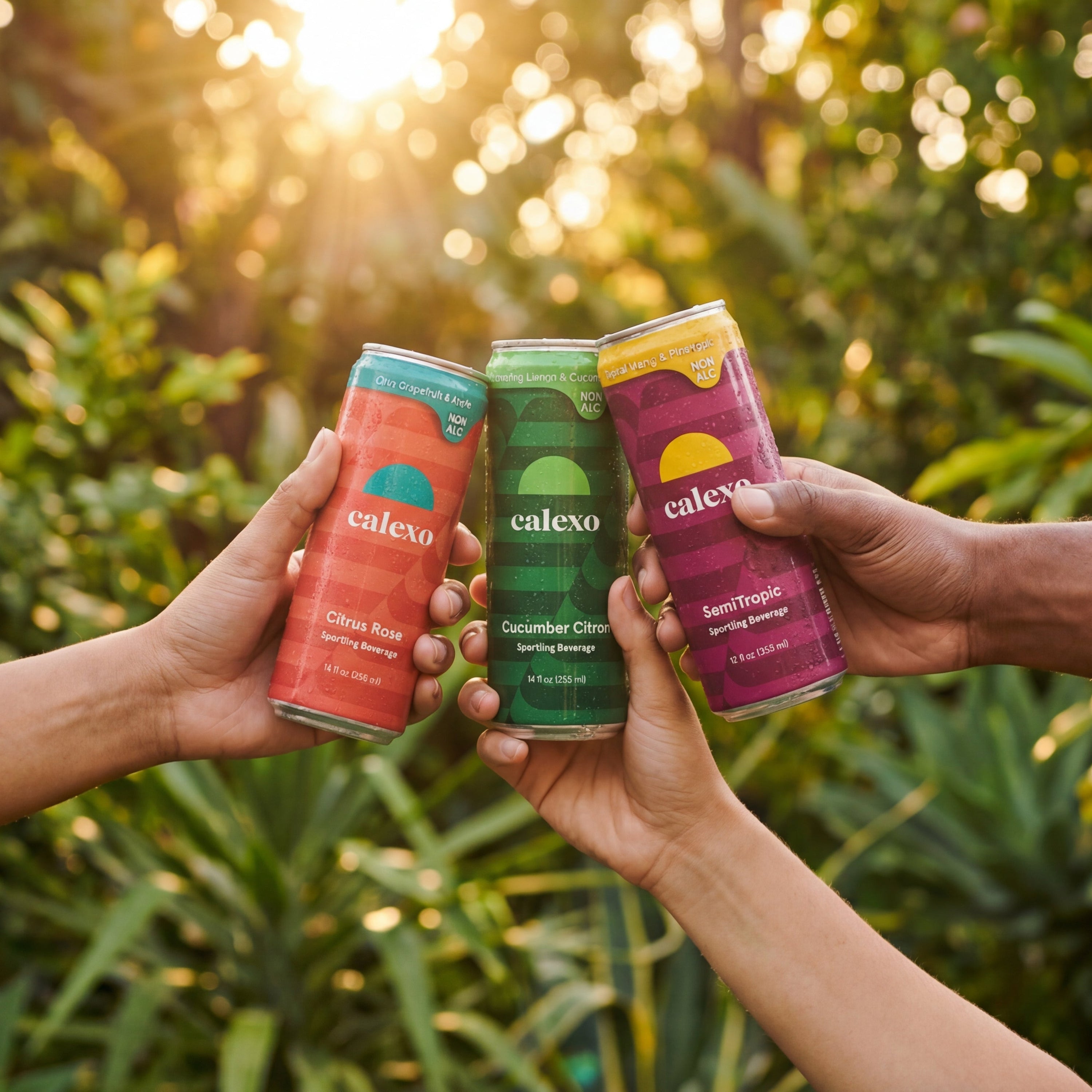 Three people holding colorful cans with Calexo optical art branding against a soft focus natural background.